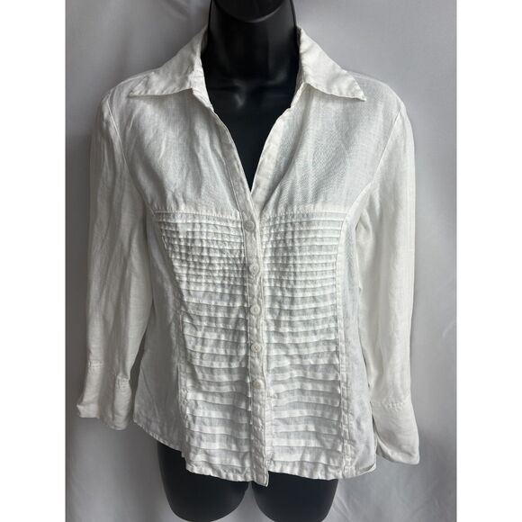 Tracy M 100% White Linen Button Up Blouse Collar Luxe Size S Career Office - Picture 1 of 8